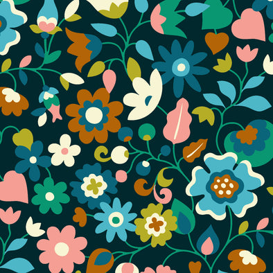 Teal Floral Needlecord - Cotton