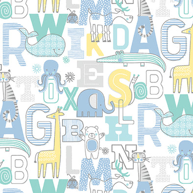 Adorable Alphabet Teal/Grey - Cotton Print