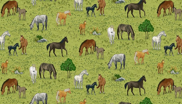 Horses Village Life - Cotton Print